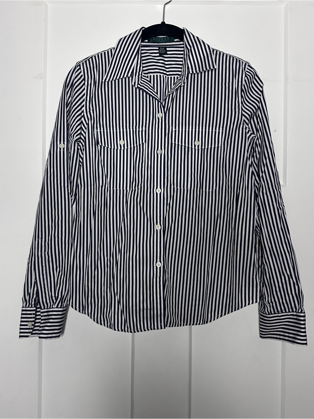 Lauren Ralph Lauren Petite Navy and White Stripe 100% Cotton Button-Down Shirt